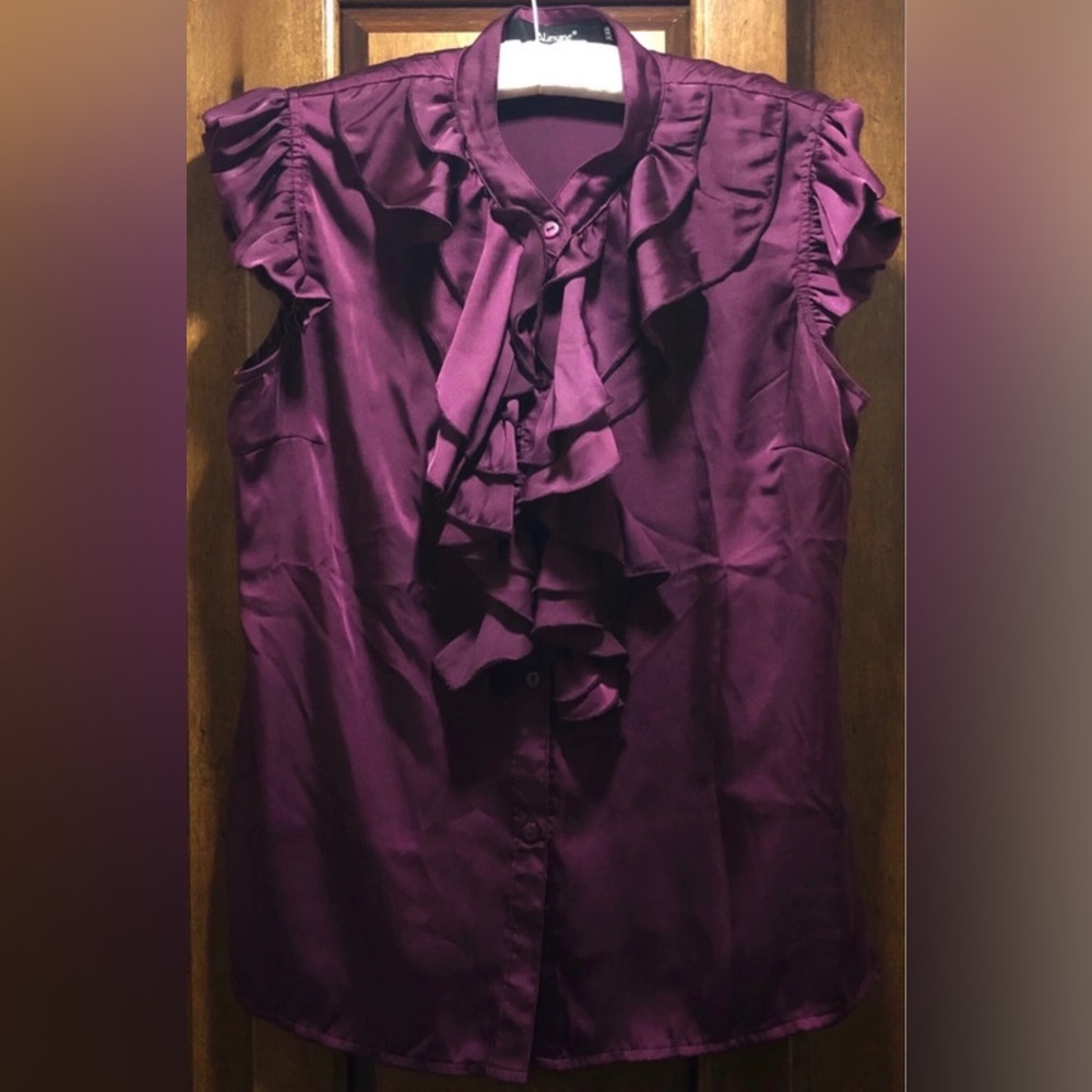 Ruffle Satin Top Aubergine Wine Purple Fits M/L 10-12
